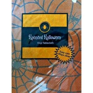 Haunted Halloween Tablecloth Vinyl Flannel Backed Spider Webs Orange 52X52"